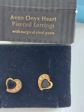 Vintage Avon Black Onyx Hearts With Rhinestone Accents